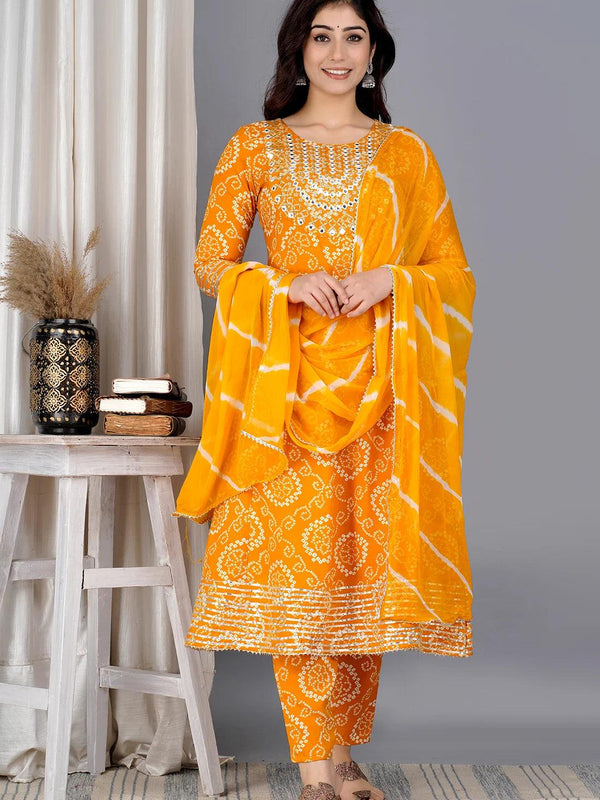 Yellow Bandhej Embroidered Cotton Flared Women Kurta Pyjama Dupatta Set