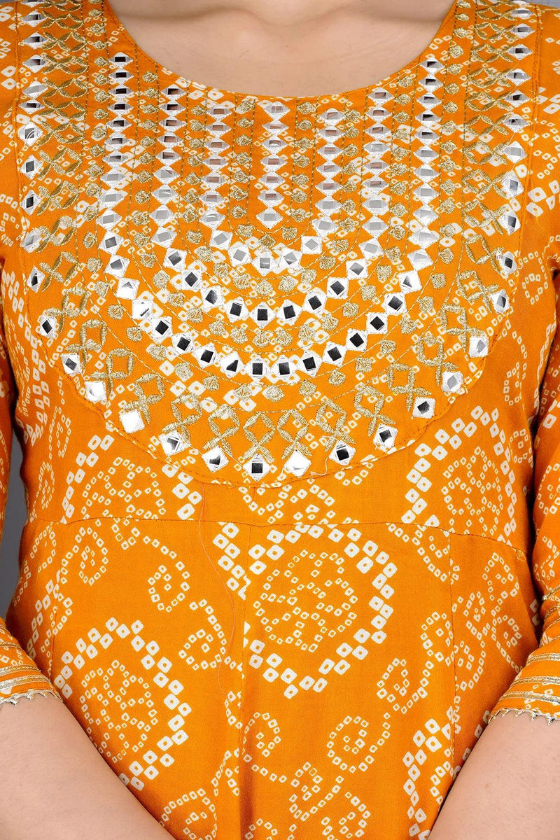 Yellow bandhej Embroidered Cotton Flared Women Kurta Pyjama Dupatta Set