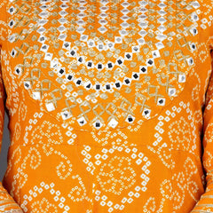 Yellow bandhej Embroidered Cotton Flared Women Kurta Pyjama Dupatta Set