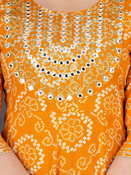 Yellow bandhej Embroidered Cotton Flared Women Kurta Pyjama Dupatta Set
