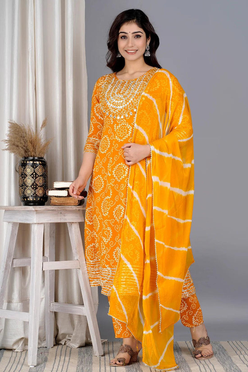 Yellow Bandhej Embroidered Cotton Flared Women Kurta Pyjama Dupatta Set