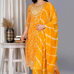 Yellow Bandhej Embroidered Cotton Flared Women Kurta Pyjama Dupatta Set