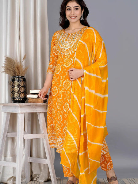 Yellow Bandhej Embroidered Cotton Flared Women Kurta Pyjama Dupatta Set