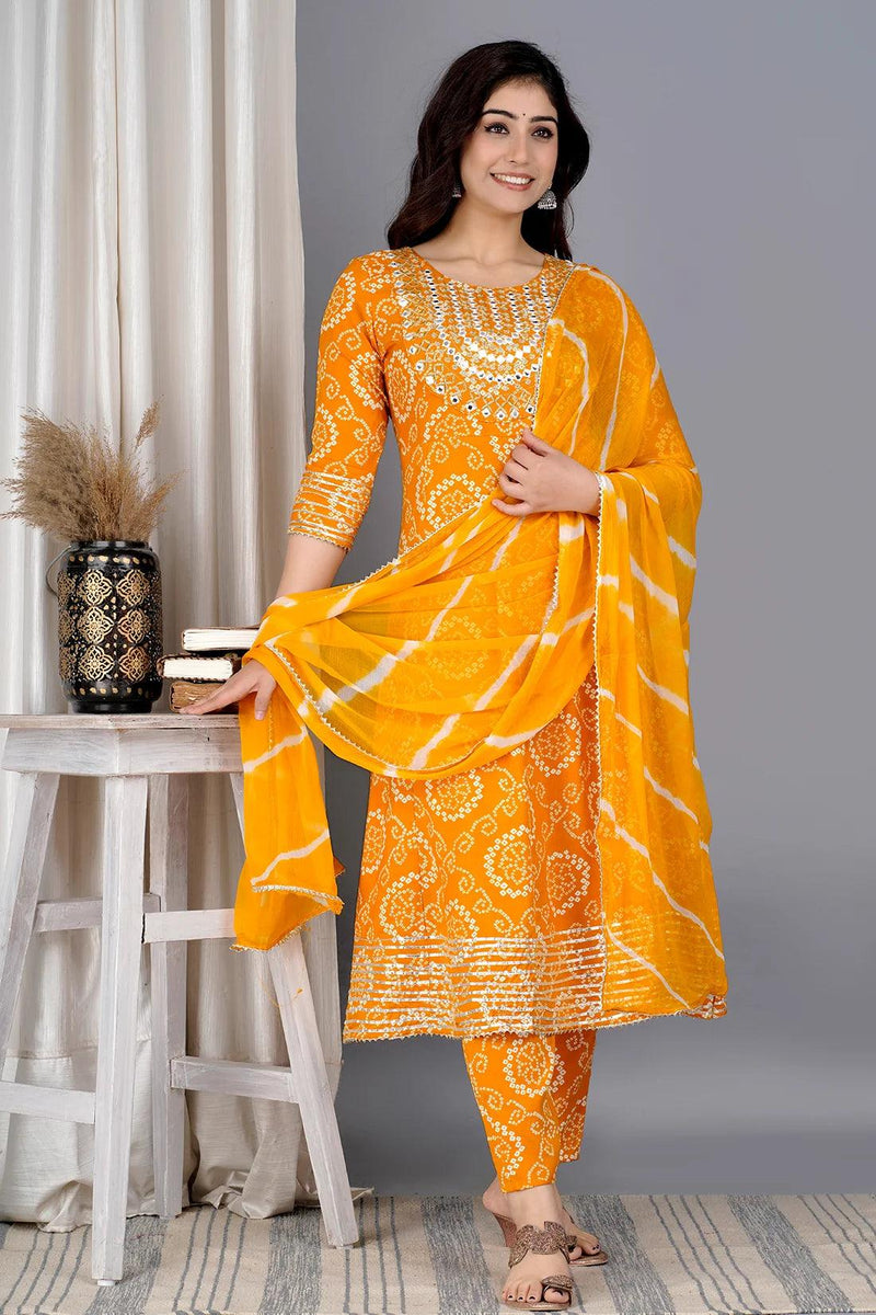 Yellow Bandhej Embroidered Cotton Flared Women Kurta Pyjama Dupatta Set