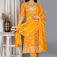 Yellow Bandhej Embroidered Cotton Flared Women Kurta Pyjama Dupatta Set
