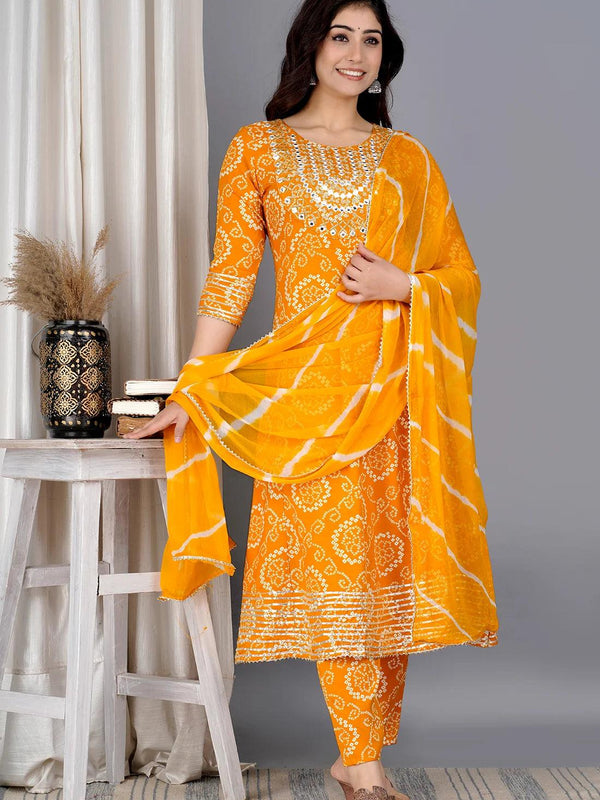 Yellow Bandhej Embroidered Cotton Flared Women Kurta Pyjama Dupatta Set