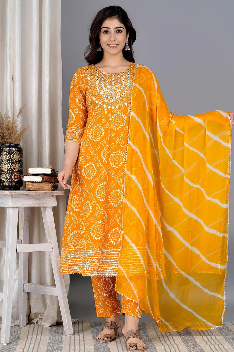 Yellow Bandhej Embroidered Cotton Flared Women Kurta Pyjama Dupatta Set