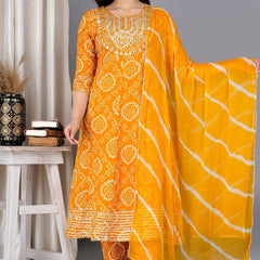 Yellow Bandhej Embroidered Cotton Flared Women Kurta Pyjama Dupatta Set