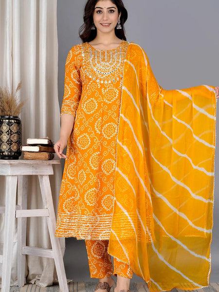 Yellow Bandhej Embroidered Cotton Flared Women Kurta Pyjama Dupatta Set